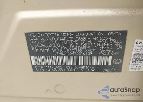 2007 Lexus Es 350 from USA, damaged, VIN JTHBJ46G472016989